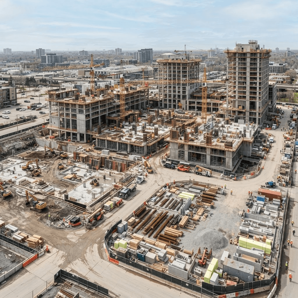 Organized construction site with multiple teams and work zones