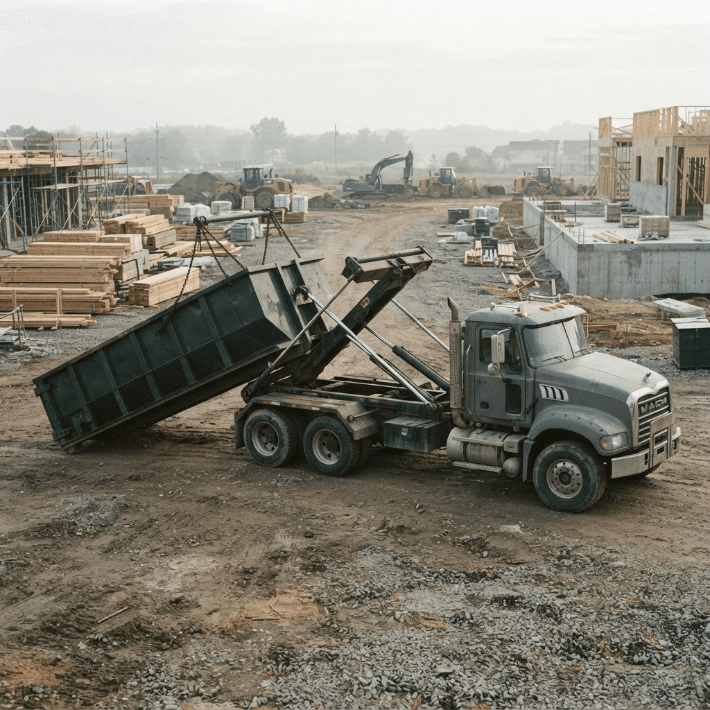 Roll-off truck delivering a dumpster to a construction site