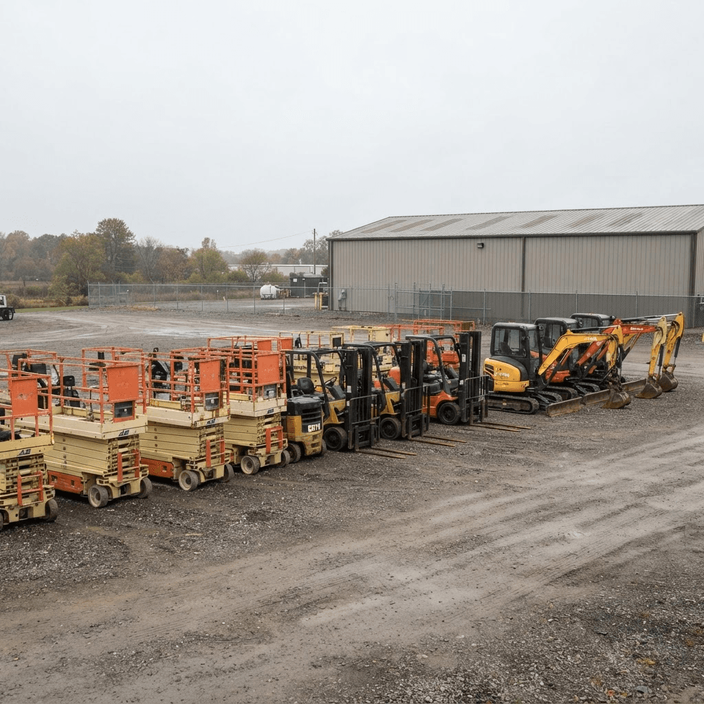 Rental yard with scissor lifts, forklifts, and a mini excavator