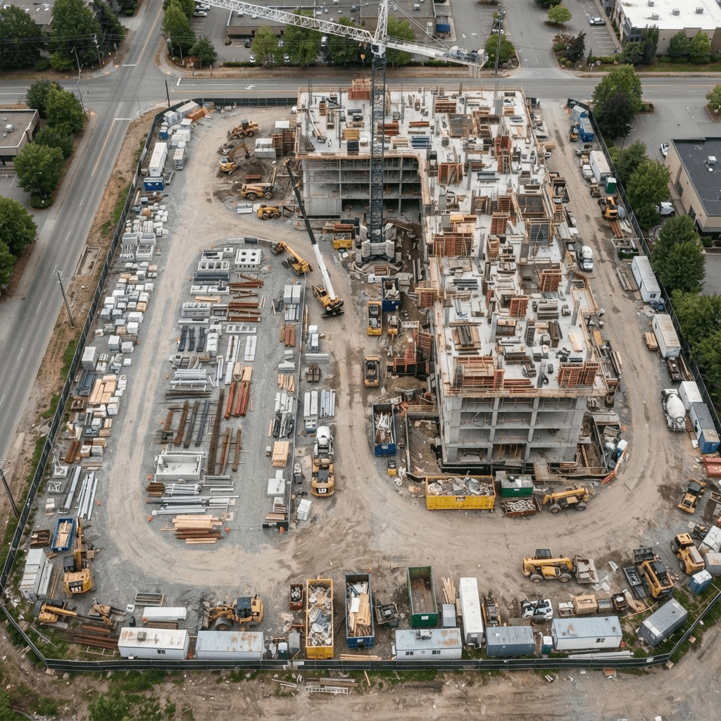 Aerial view of an organized active construction jobsite