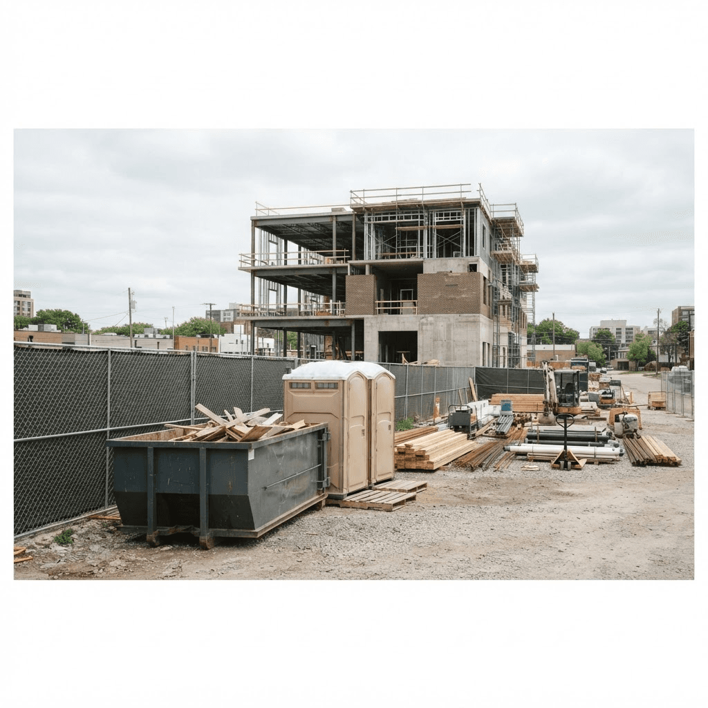 Roll-off dumpster and portable restrooms staged on a construction jobsite