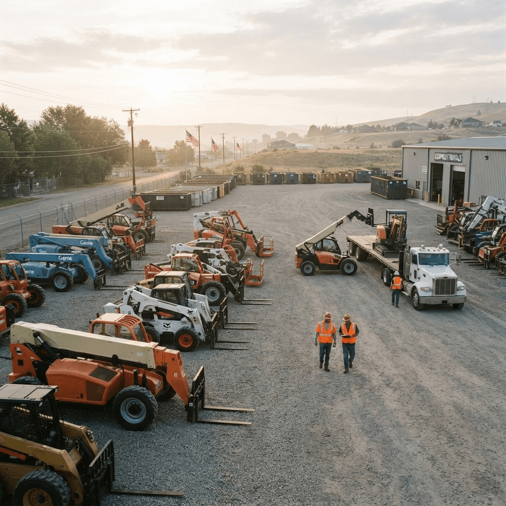 A regional equipment rental yard in the early morning with telehandlers, skid steers, and roll-off containers staged for delivery