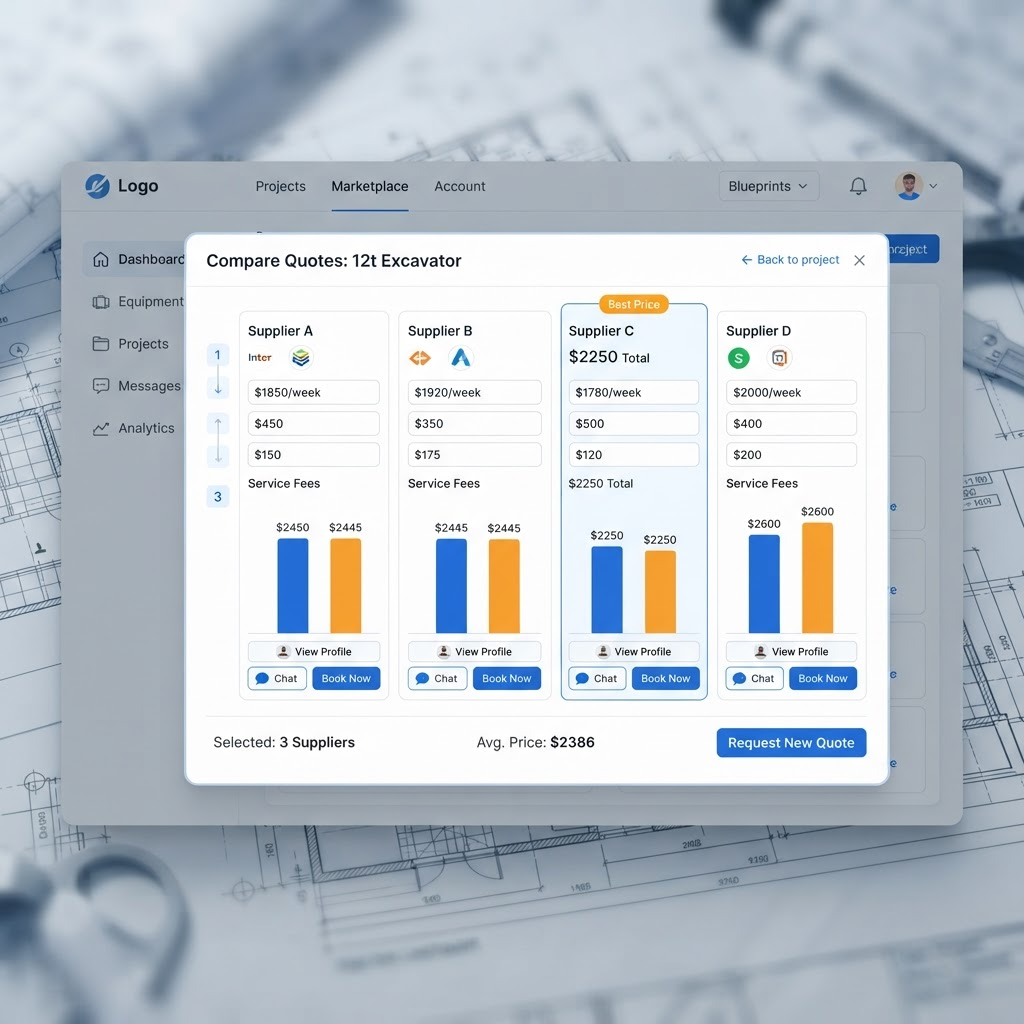 Downstream compare-quotes screen showing supplier rental prices side by side