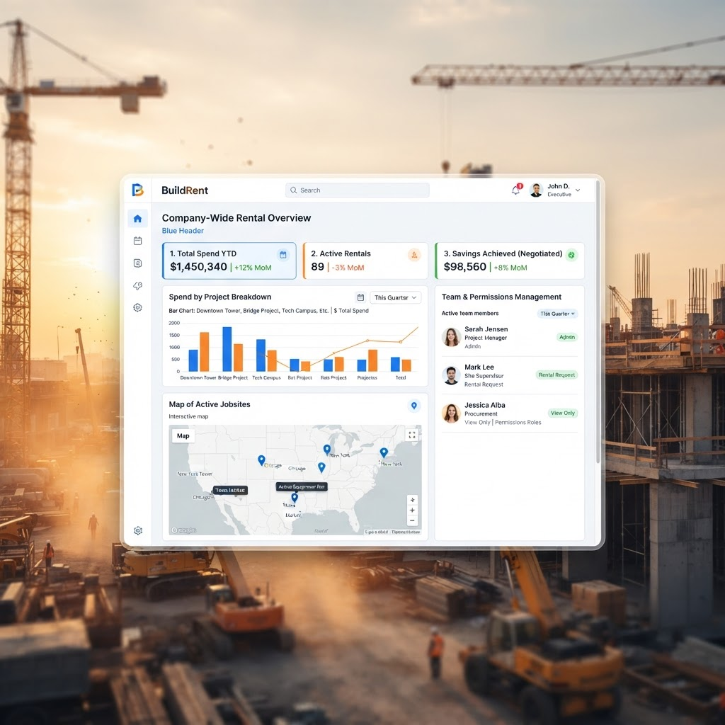 Downstream executive dashboard with company-wide rental KPIs and spend by project