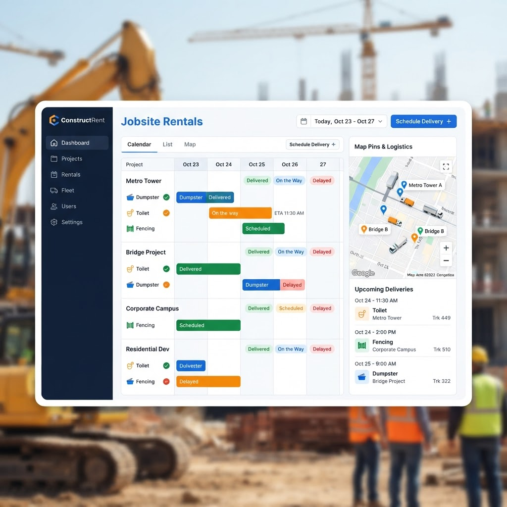 Downstream jobsite rentals dashboard showing delivery schedules and order status across projects